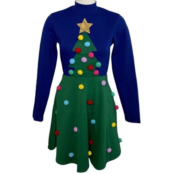 Mighty Fine Dress Women's MEDIUM Blue Green Cute Tree Holiday‎ Seasonal Pom-Pom - Picture 11 of 16